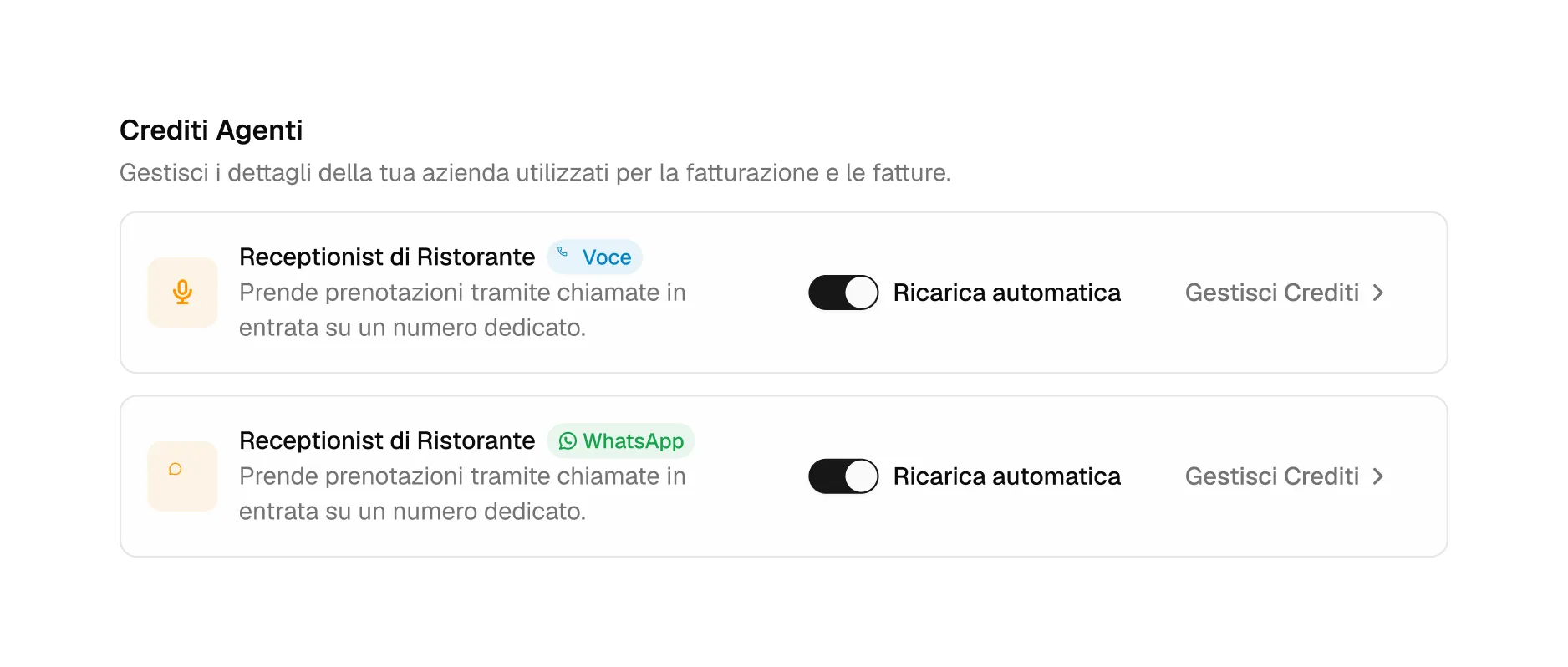 Agent credits for voice and WhatsApp reservation agents
