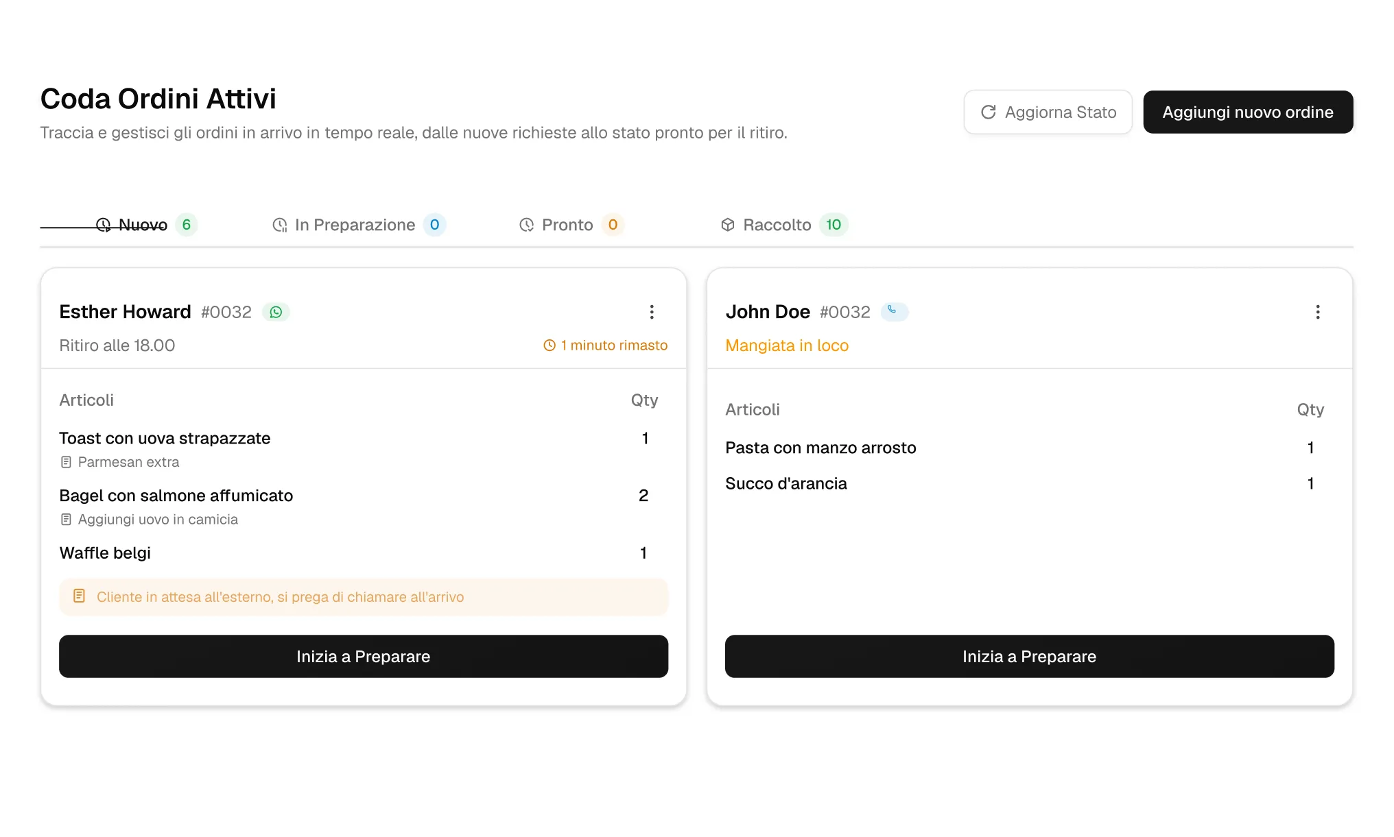 Active orders queue with live status tracking