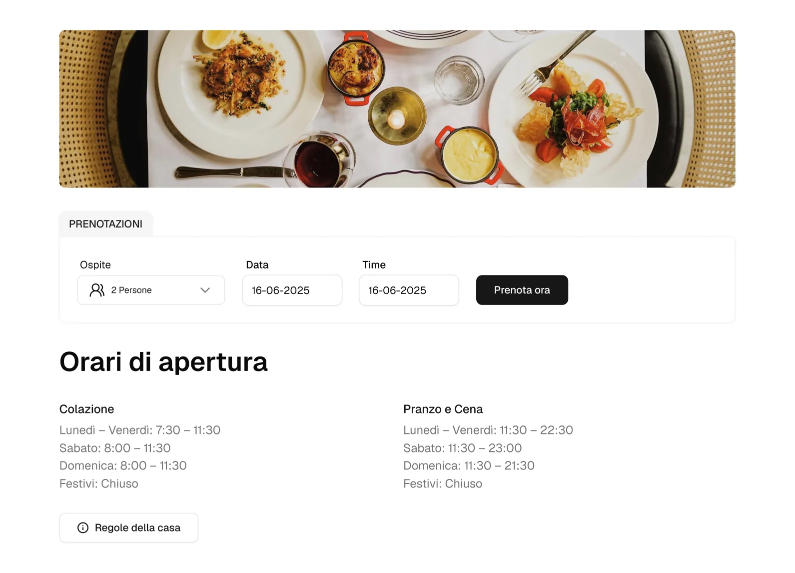 Restaurant website with reservations and opening hours