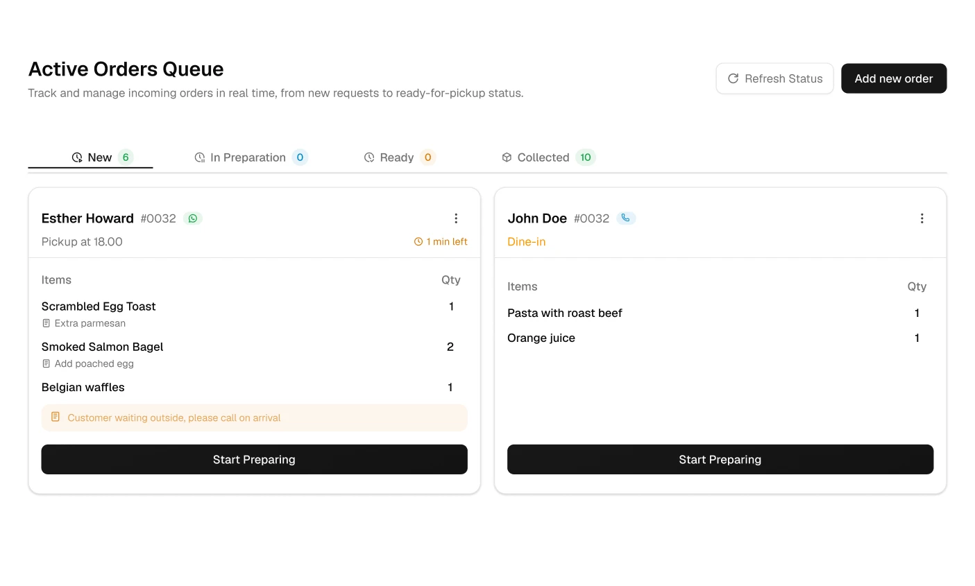 Active orders queue with live status tracking