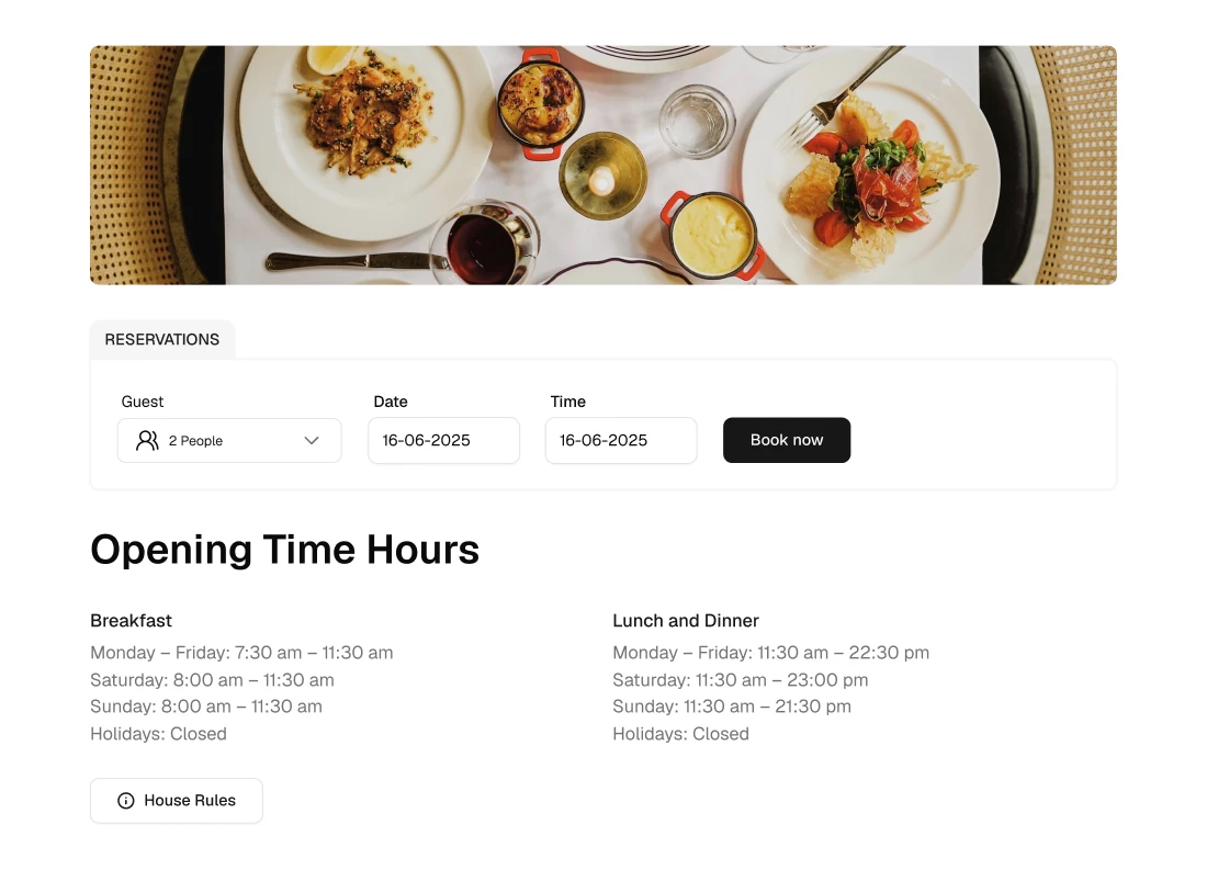 Restaurant website with reservations and opening hours